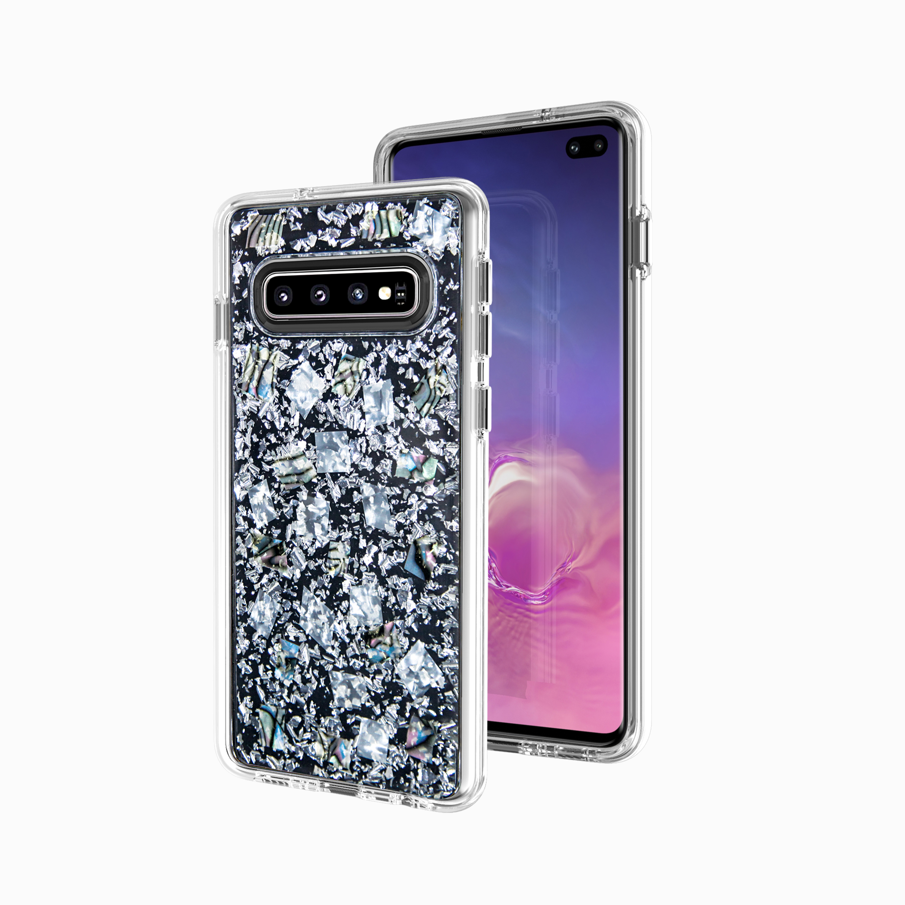 Galaxy S10 Luxury GLITTER Dried Natural Flower Petal Clear Hybrid Case (Silver Pearl)
